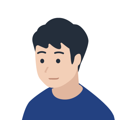 黒髪で青いシャツの男性