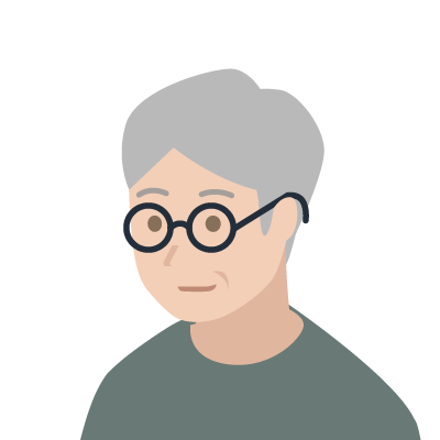 白髪でメガネの男性